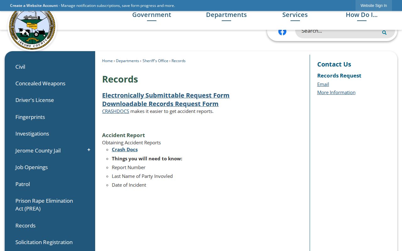 Jerome County official records request navigation page