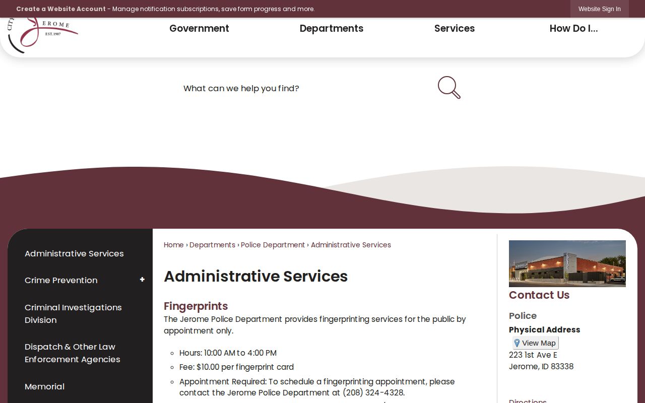 Jerome Police Administrative Services records webpage