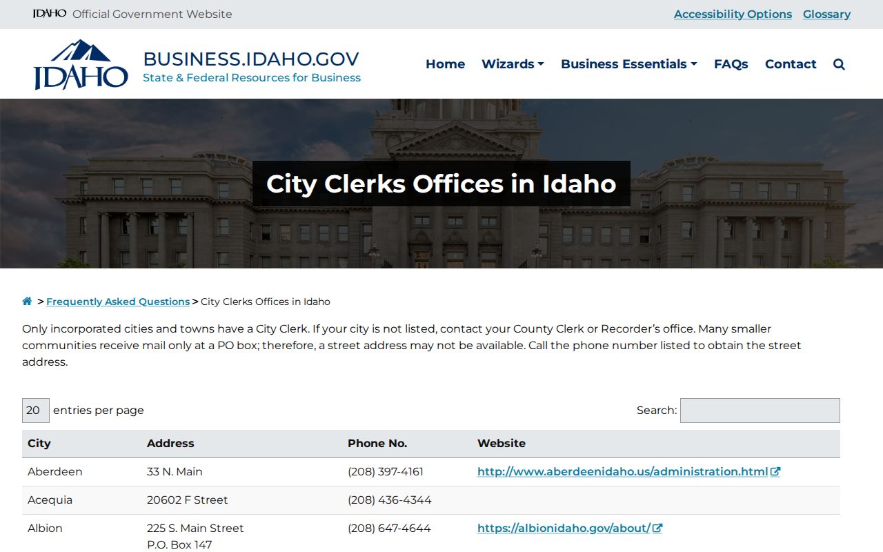 Official Idaho city clerk directory entry used to locate Eden municipal records contact information