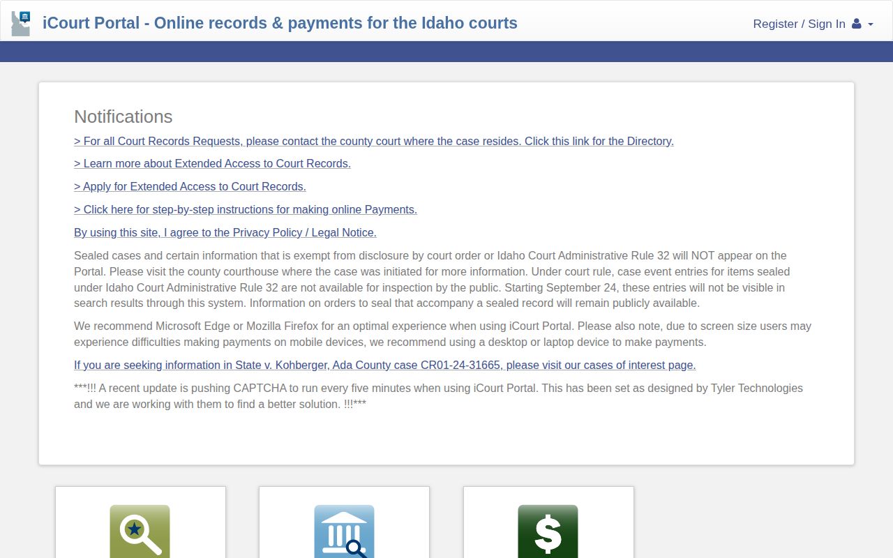 Idaho iCourt public portal for following an Eden arrest into the court record